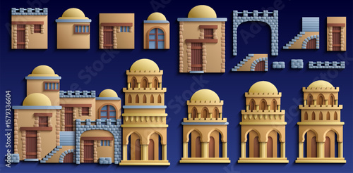 Set of oriental architectural elements in paper cut style. Vector icons of desert houses, domes, stairs and arches isolated on dark blue. Middle eastern building kit.
