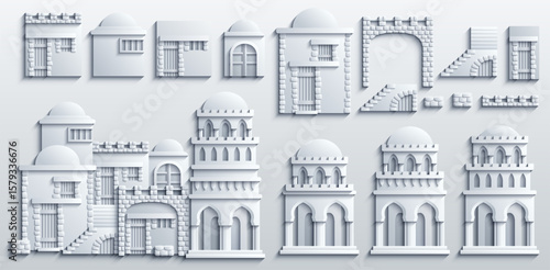 White paper cut style set of oriental architectural elements. Vector icons of desert houses, domes, stairs and arches isolated on white. Building kit for 3D design.