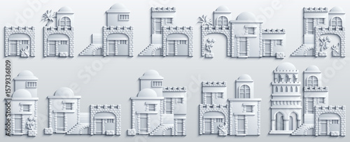 White paper cut style set of oriental architectural elements. Vector icons of desert houses, domes, stairs and arches isolated on white. Building kit for 3D design.