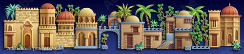 Arabic paper cut style wide panorama of an ancient oriental city with many houses, domes and palm trees on dark blue background. Ramadan and travel concept vector.
