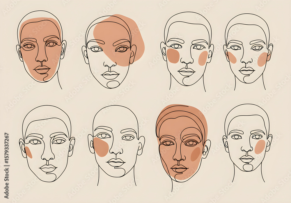 Fototapeta premium Diverse Faces Line Art with Abstract Color Fill | Minimalist Illustration of Different Skin Tones and Facial Features for Beauty and Inclusion Concepts
