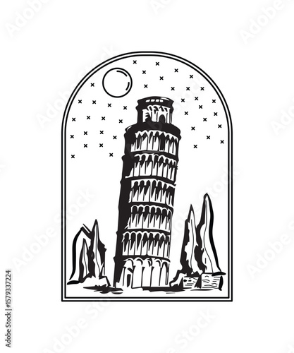 Leaning Tower of Pisa Minimal Line Art T-shirt Design, Italy Landmark Vector Illustration