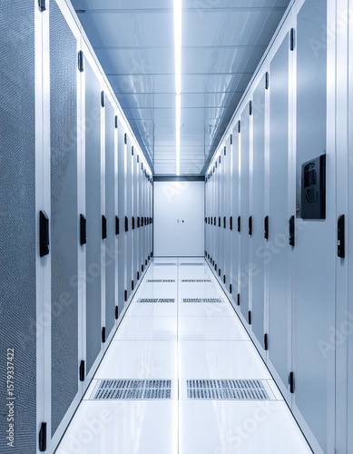 Clean, hightech data center aisle with rows of servers. Illustrates technology, security, data storage, and connectivity. Great for tech articles  website backgrounds.