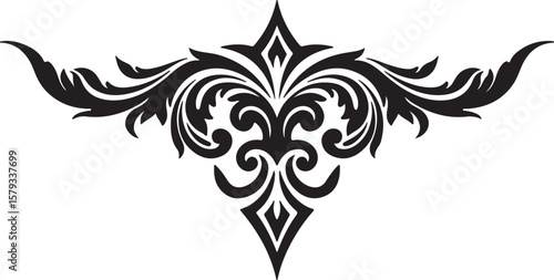 Black ornamental tattoo design, swirling floral vines and leaves, symmetrical structure, decorative tribal flourish, fine line ink work on white background