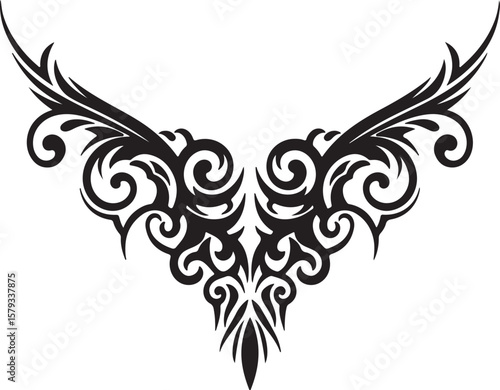 Black ornamental tattoo design, swirling floral vines and leaves, symmetrical structure, decorative tribal flourish, fine line ink work on white background
