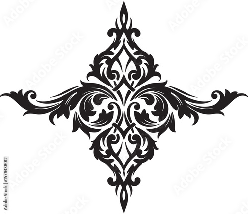 Black ornamental tattoo design, swirling floral vines and leaves, symmetrical structure, decorative tribal flourish, fine line ink work on white background
