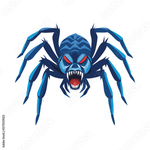 Scary Blue Spider Mascot Vector, Angry Cartoon Insect Clipart, Creepy Fanged Arachnid Illustration, Halloween Monster Logo, Horror Spider Graphic Art

