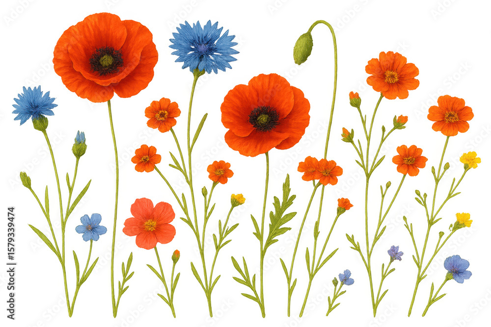 Fototapeta premium Vibrant wildflower bouquet featuring red poppies, orange cosmos, blue cornflowers blooming against transparent backdrop