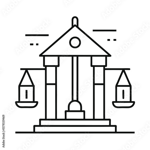 Law and Justice Icon Featuring Courthouse and Scales in a Minimalist Line Style