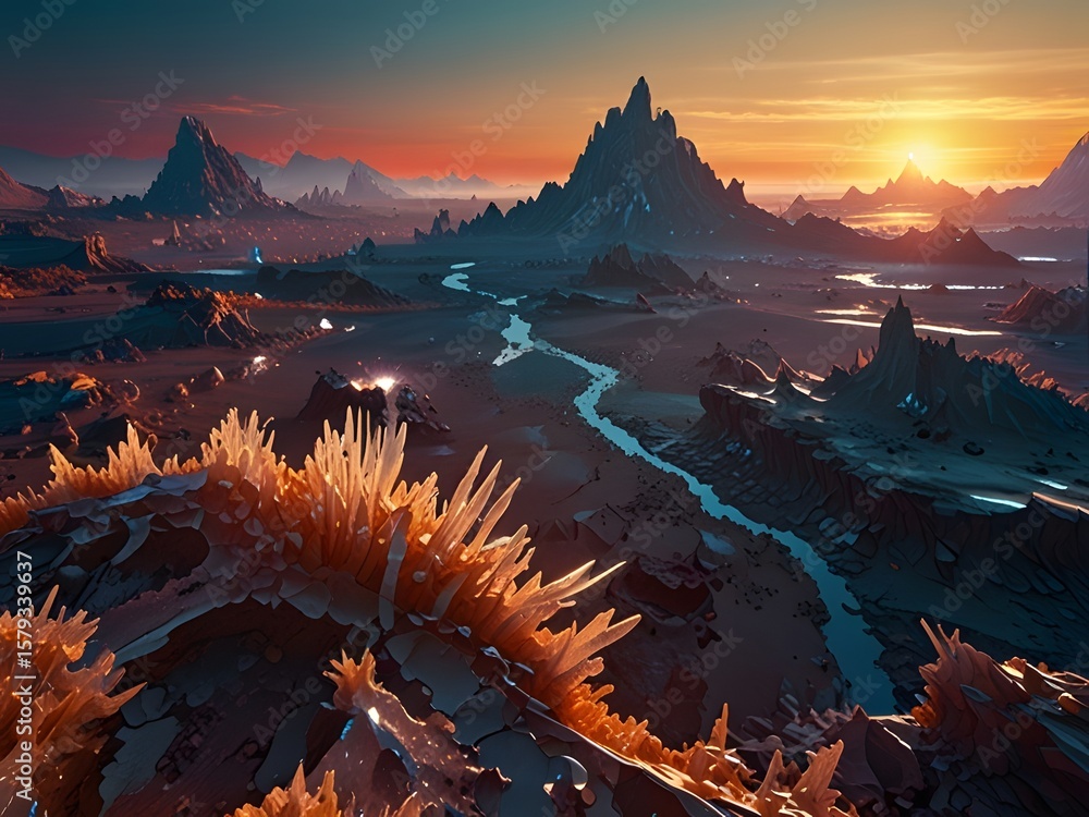 Obraz premium Orange Alien Flora Grows Beside River Stream in Surreal Fantasy Canyon Under Blue-Purple Sky with Mountains