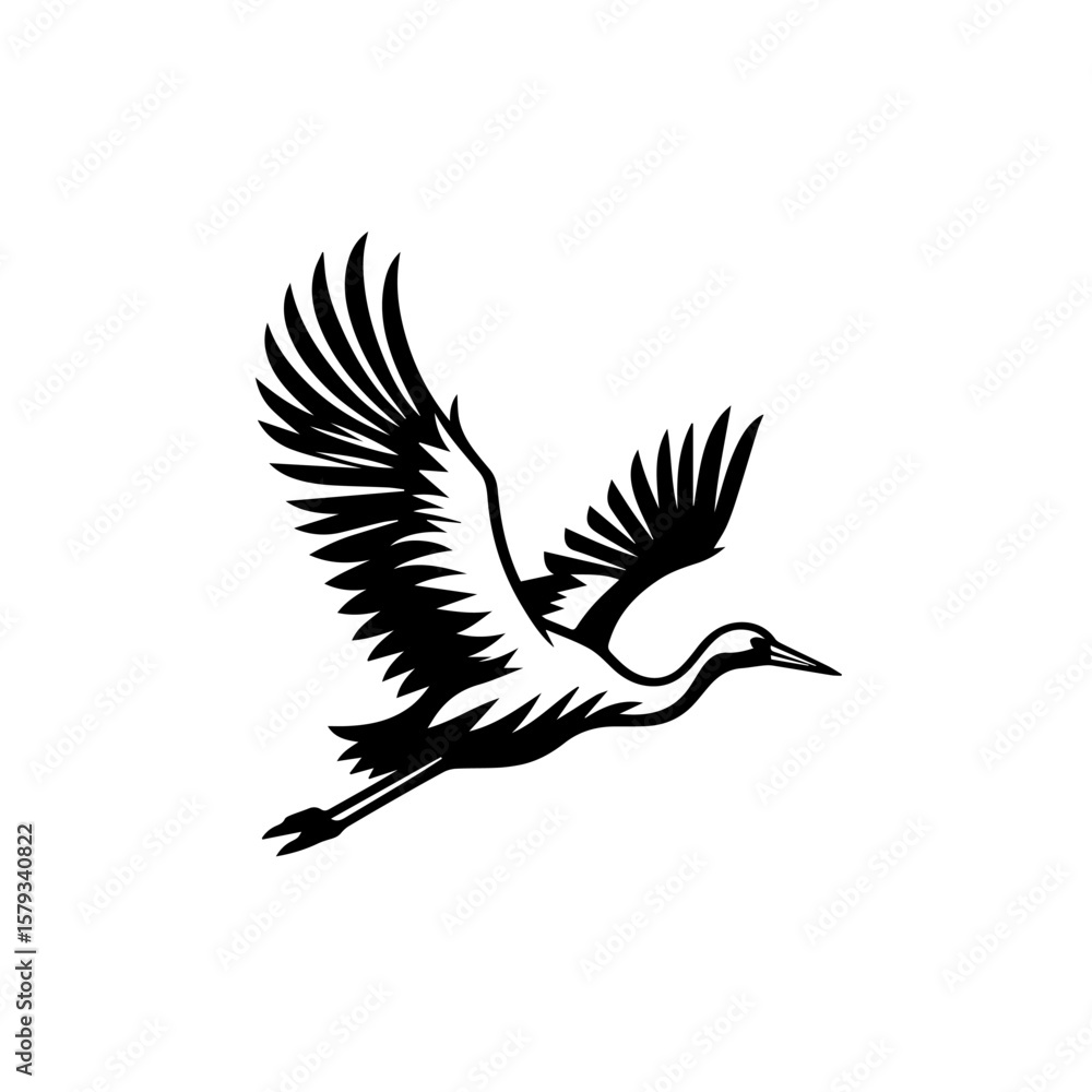 Obraz premium Silhouette of a graceful stork in flight wings spread wide soaring.