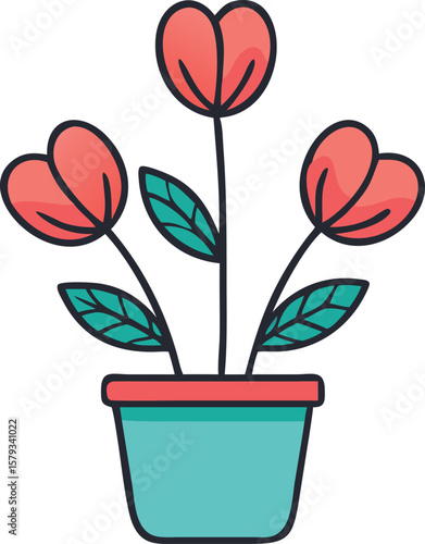 Three Flowers in a Pot Icon. Vector symbol of love, growth, and care for Valentine's Day.
