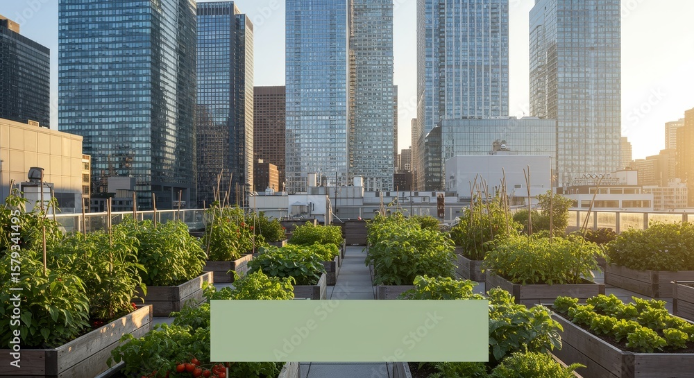 Fototapeta premium Urban Oasis: Rooftop Garden Amidst Skyscrapers - A vibrant rooftop garden thrives amidst towering skyscrapers, symbolizing urban sustainability, nature's resilience, community growth, healthy living,