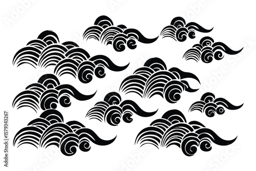 Japanese Cloud Seamless Vector Pattern. Traditional Engraved Wave Texture. Black and White Asian Background