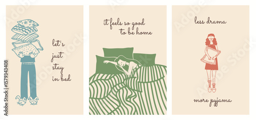Set of cozy hand-drawn posters about sleep and home comfort with pajama girls and bedtime quotes