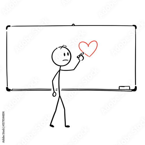 Stick figure drawing heart on whiteboard with a thoughtful expression  