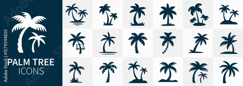 Collection of palm tree icons in various styles provides a tropical, summery, and vacation vibe ideal for designers and digital artists.