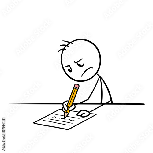 Stick figure writing on paper with pencil and frowning expression  