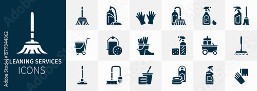 Cleaning services icons presents collection of household equipment, representing various tools for sanitation and hygiene in modern life