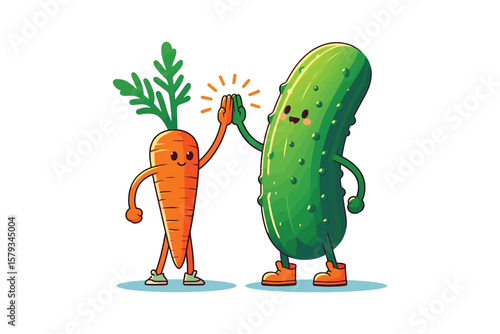 A pickle trying to high-five a carrot, flat vector design, white background