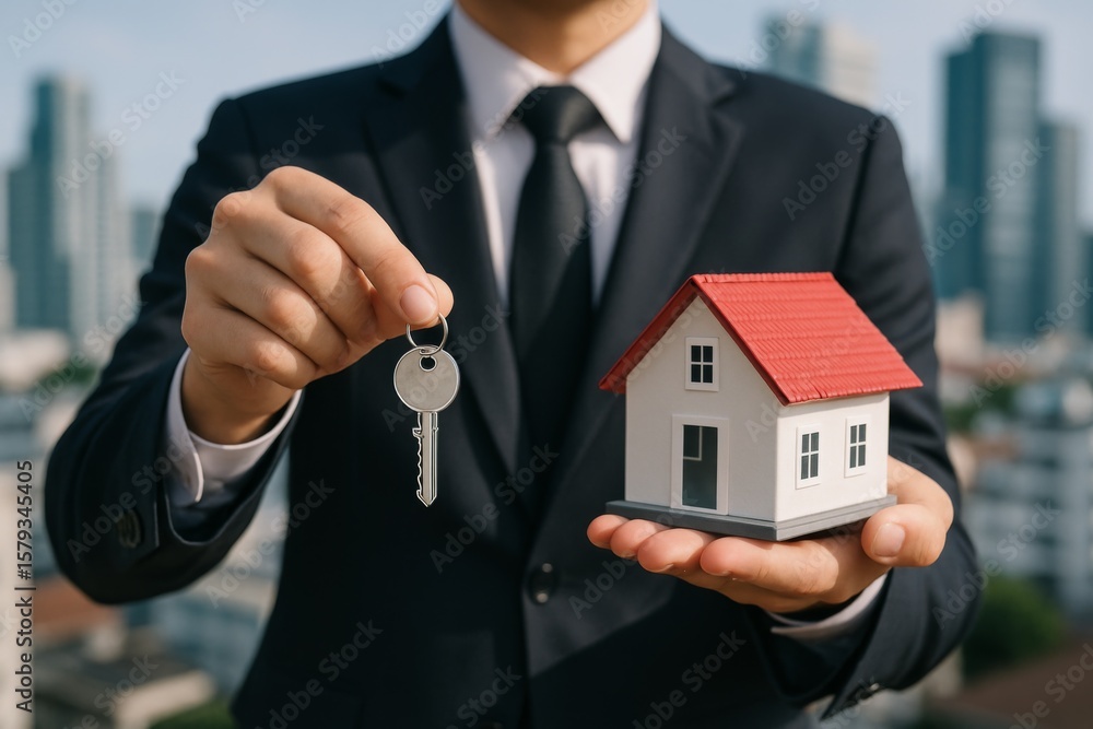 Businessperson holding house model and key with blurred cityscape symbolizing real estate and property ownership Businessperson holding house model and key with blurred cityscape symbolizing real estate and property ownership