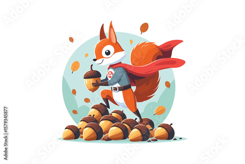 A squirrel in a superhero costume, saving a pile of acorns, flat vector art, white background 2