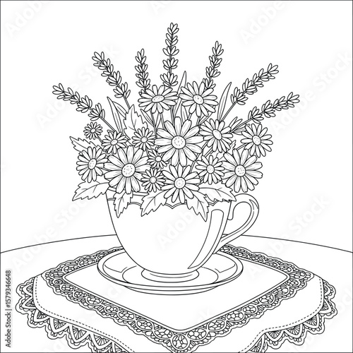Black and white line art of a daisy and lavender bouquet in a teacup on a lace doily — floral-themed coloring page illustration for adult relaxation and creativity