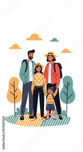 Happy family outdoors adventure together exploring nature with children