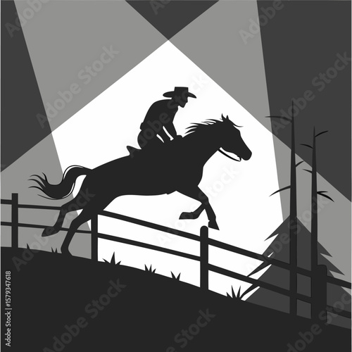 Cowboy Riding Bucking Horse Silhouette Art Design for Western Themes