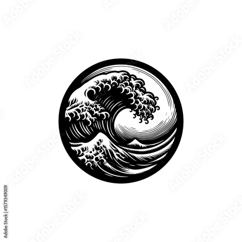 Dramatic Black and White Woodcut Style Ocean Wave.