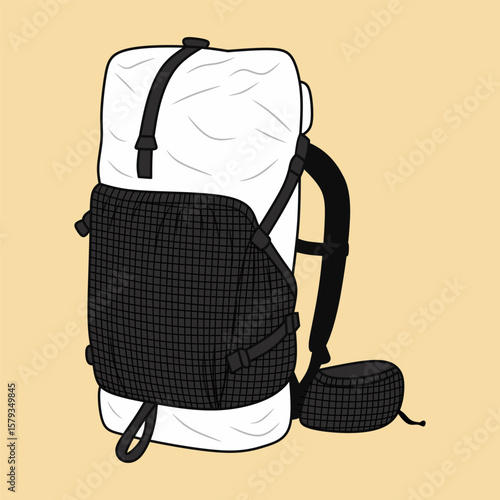 Isolated White Hiking Backpack with Black Straps on Beige Background