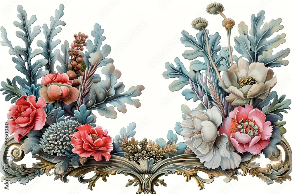 Fototapeta premium single coral ornate vintage picture frame with floral accents transparent background 