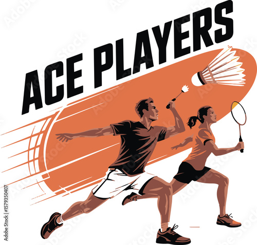 Dynamic badminton players in action with shuttlecock and rackets