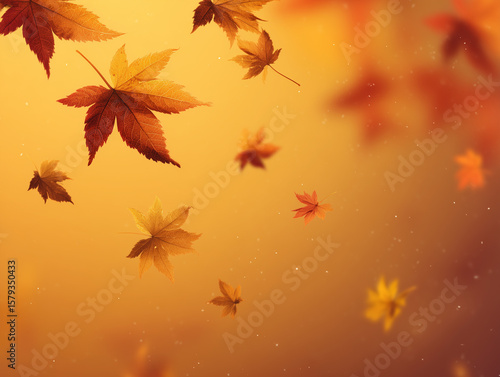 Falling maple leaves on warm orange gradient background, blurred depth, cozy autumn mood