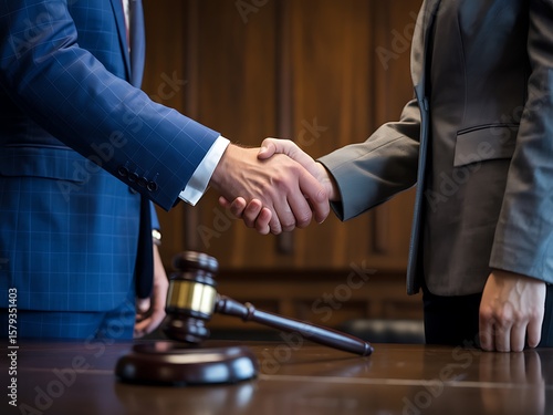 Two people in suits shaking hands with a gavel on a wooden table agreement handshake