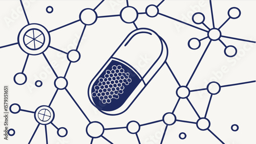 Pharmaceuticals medicine capsule and molecular network illustration for healthcare industry innovation 100