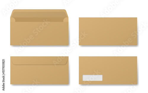 Brown envelope mockup. Front and back side. Open and closed envelopes. Business correspondence. Address window