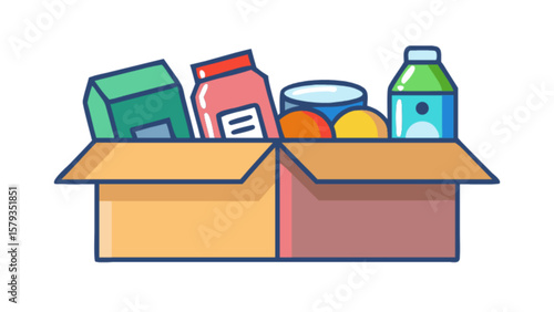 Food donation box with groceries and supplies charity drive and community support and assistance program concept