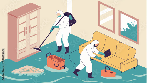 Water damage restoration flood cleanup service team removing water from flooded home after disaster event