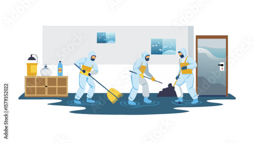 Water damage restoration experts cleaning flooded house after disaster remediation and mold removal services