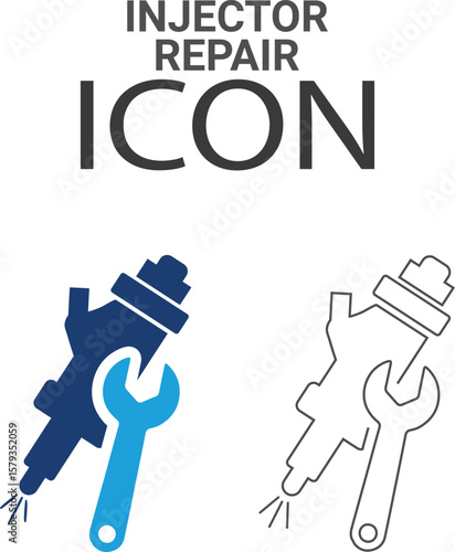 Injector repair Line art icons, such as turbocharger diagnostics, fuel injector, turbine, spark plug, and more. Vector illustration. Easily changes to any color.