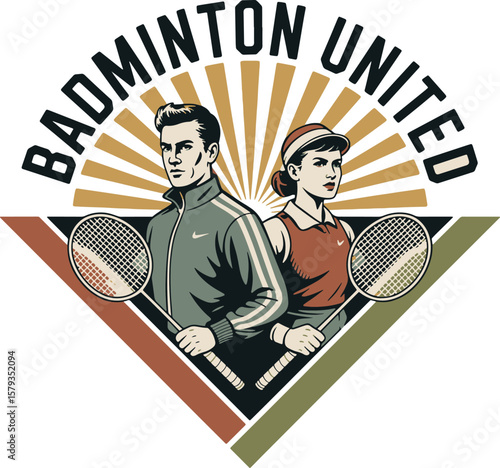 Retro badminton players with rackets and sunburst emblem