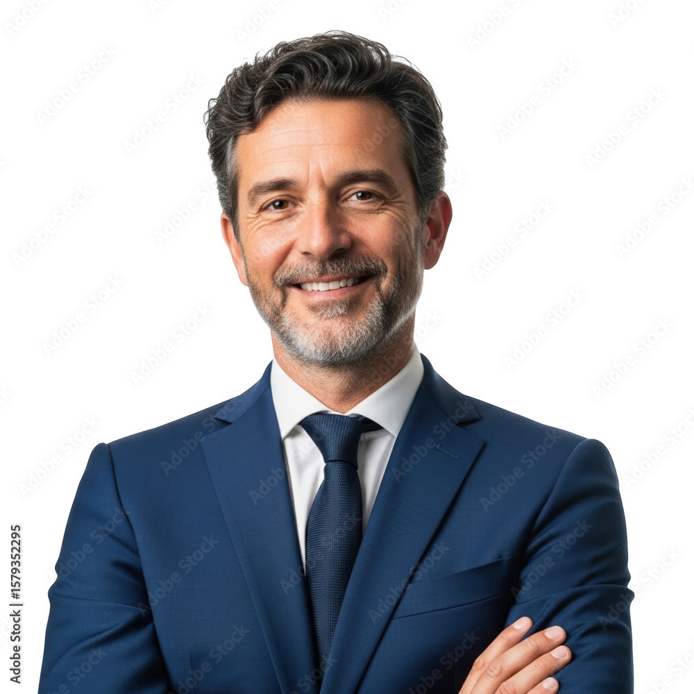 Smiling businessman in blue suit with arms crossed isolated on transparent background Smiling businessman in blue suit with arms crossed isolated on transparent background