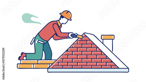 Roofer repairing brick chimney on house roof professional construction worker home improvement and maintenance