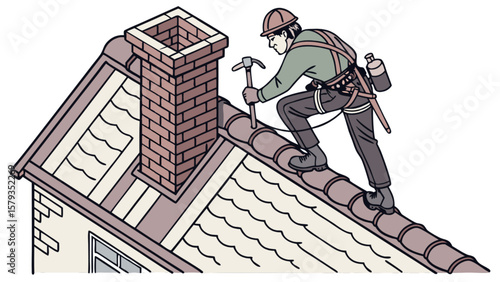 Roofer repairing roof tiles and chimney with safety harness professional home maintenance and construction service