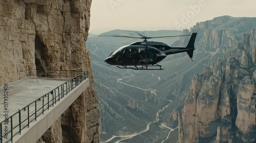 A black helicopter flies near a cliff with a lookout point over a winding mountain range