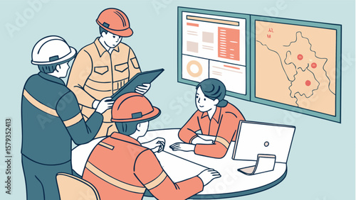 Team meeting construction workers discussing project plans safety briefing collaboration engineering teamwork design