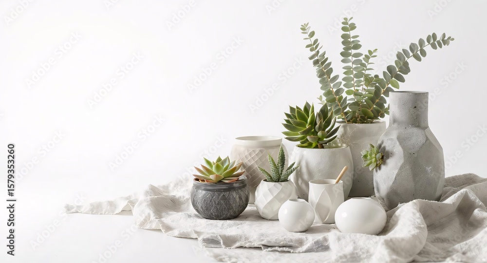 Serene Still Life Collection of Green Succulents and Decorative Vases on Textured Linen, Minimalist Home Decor Composition Serene Still Life Collection of Green Succulents and Decorative Vases on Textured Linen, Minimalist Home Decor Composition