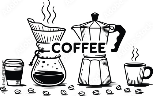 Vintage Coffee Brewing Illustration, Cups, Beans, and Makers Hand Drawn Vector.

