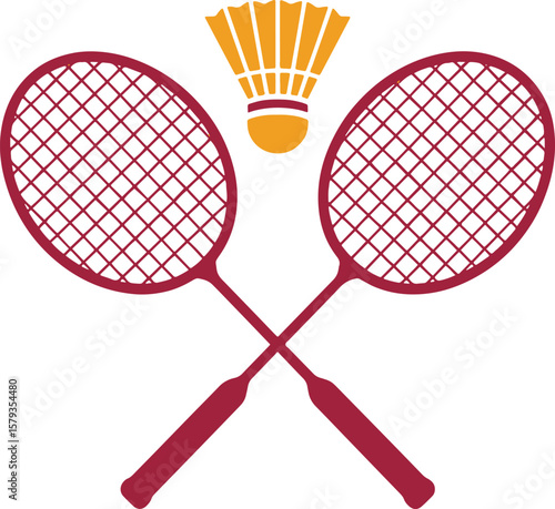 Two red badminton rackets crossed with a shuttlecock above on white background